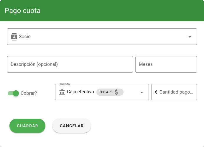 Formulario de pago de cuota de socio con cobro en caja