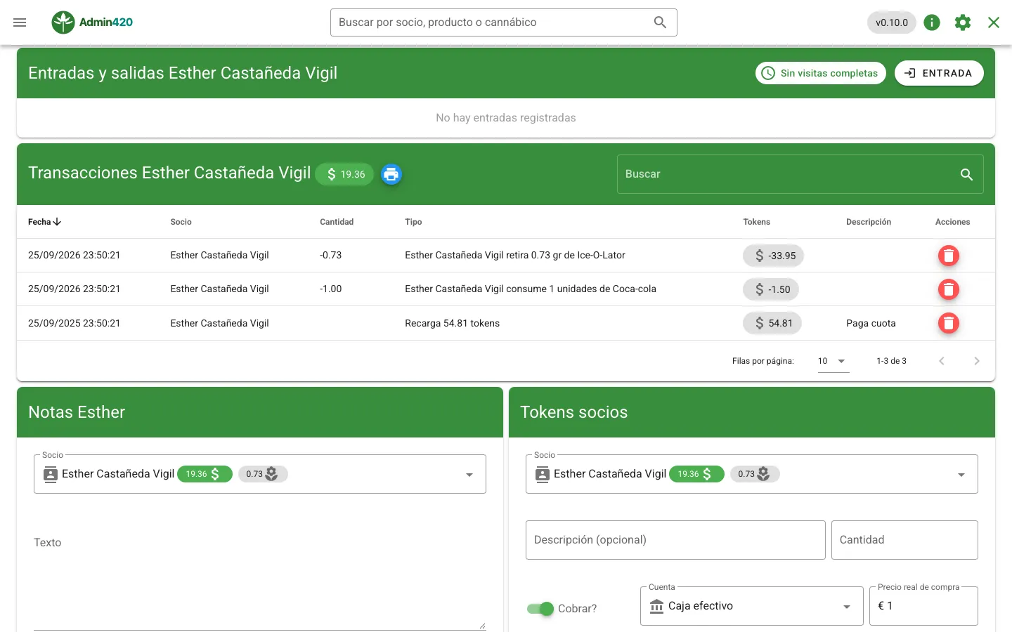 Ficha de socio con entradas y salidas del local y transacciones