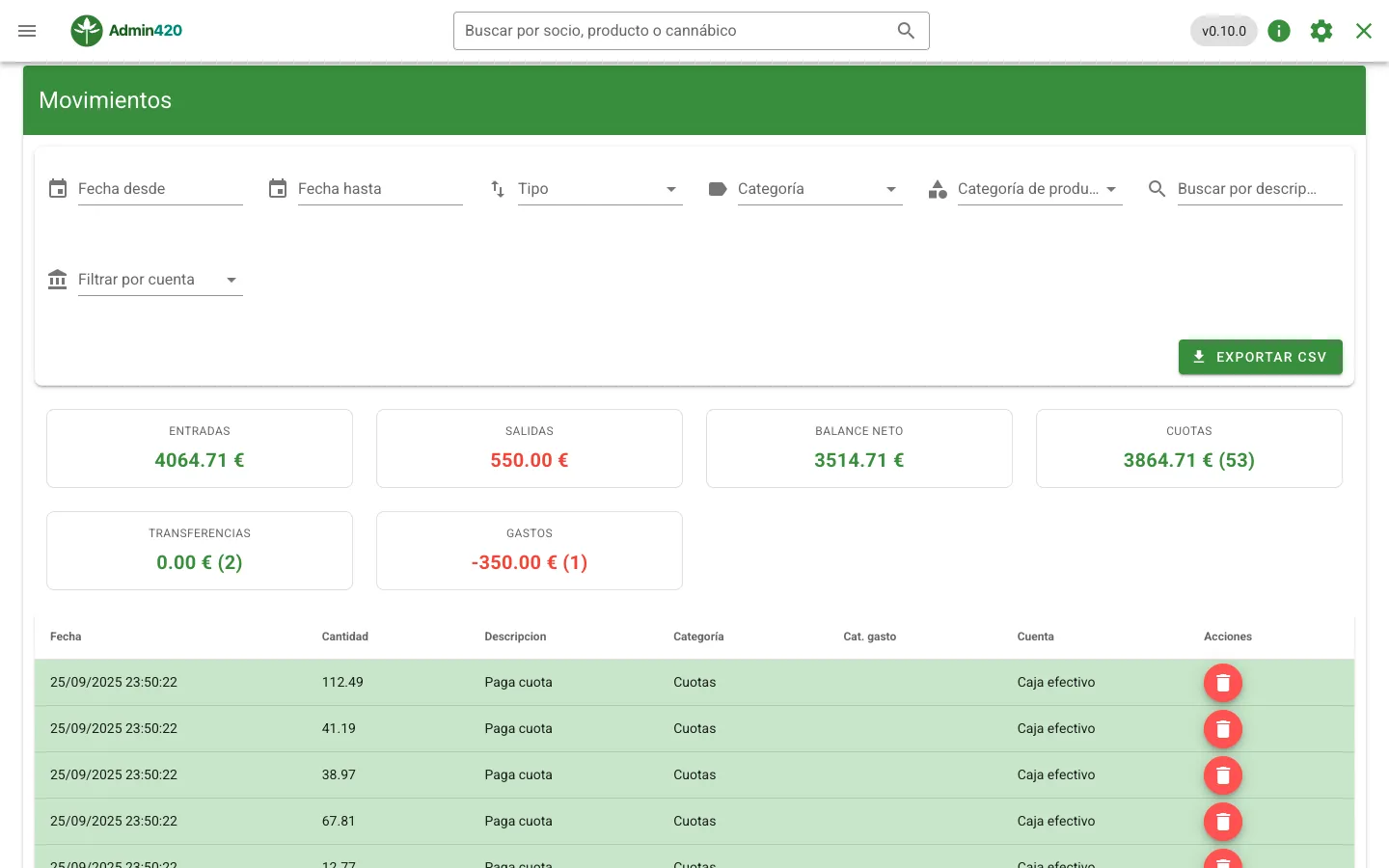 Movimientos de caja con entradas, salidas, cuotas y gastos y exportación CSV
